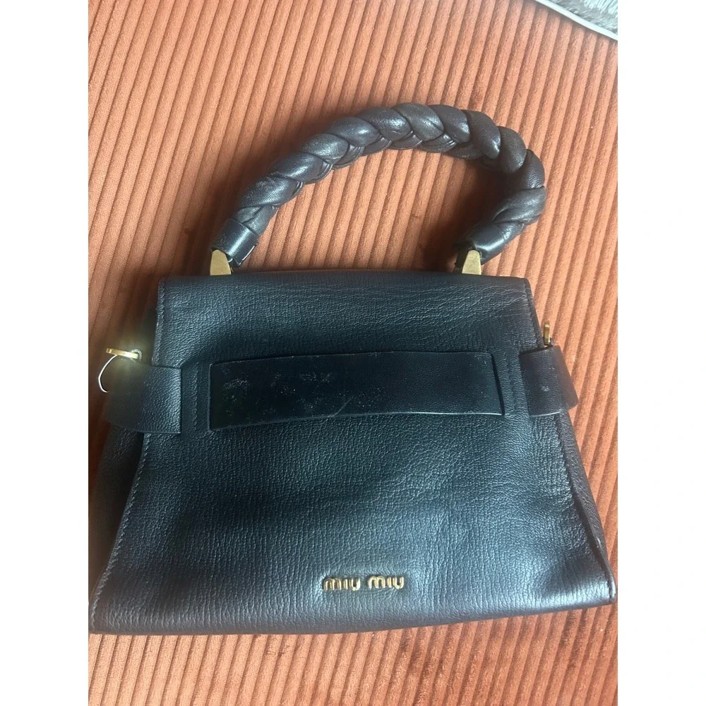 Miu Miu Madras Black Leather Braided Top Handle Bag Gold Hardware Handbag